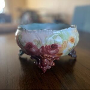 Limoges France Footed Bowl - Wine, green, white and pink floral rose design